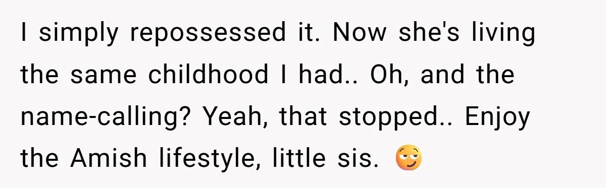 Brother Teaches Teen Sister a Lesson About Gratitude by Cutting Off Her Data I simply repossessed it. Now she's living the same childhood I had.. Oh, and the name-calling? Yeah, that stopped.. Enjoy the Amish lifestyle, little sis. 😏