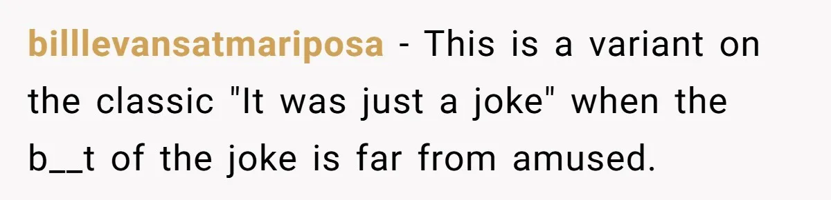 billlevansatmariposa − This is a variant on the classic "It was just a joke" when the b__t of the joke is far from amused.
