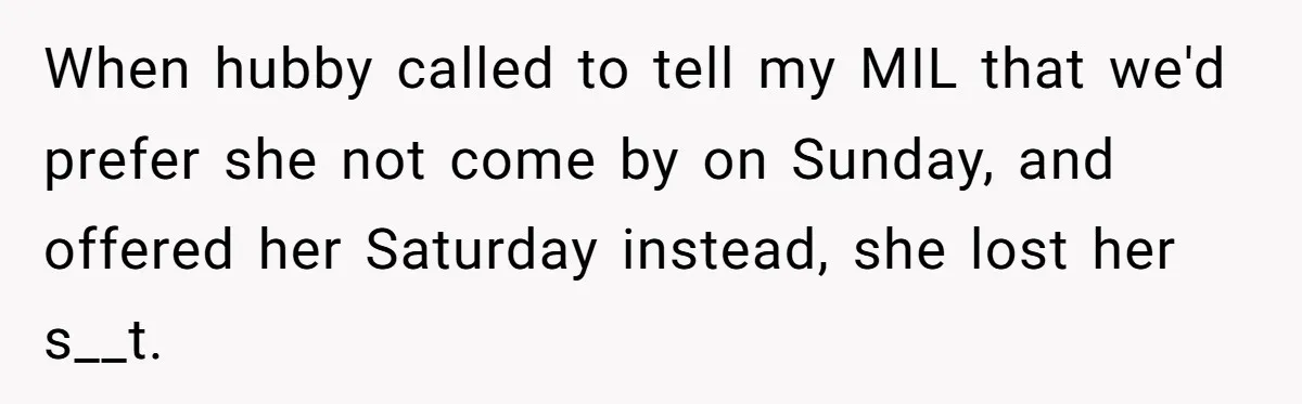 When hubby called to tell my MIL that we'd prefer she not come by on Sunday, and offered her Saturday instead, she lost her s__t.