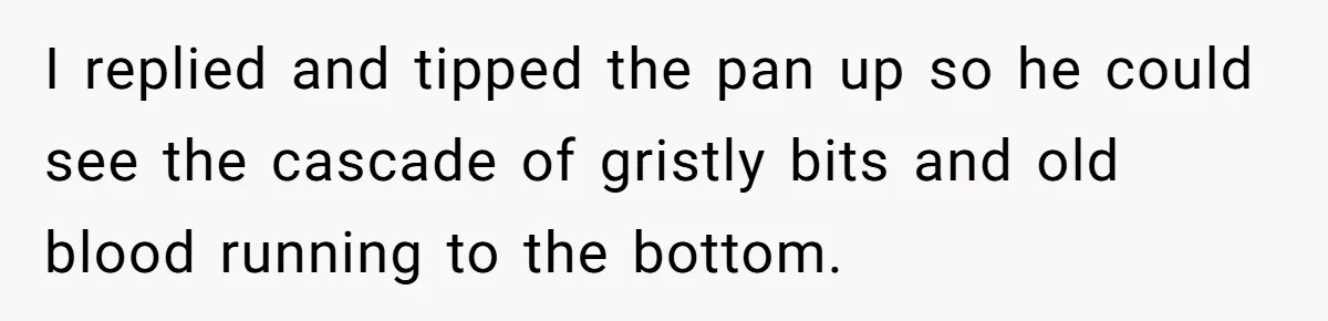 I replied and tipped the pan up so he could see the cascade of gristly bits and old blood running to the bottom.