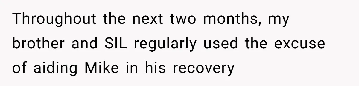 Throughout the next two months, my brother and SIL regularly used the excuse of aiding Mike in his recovery