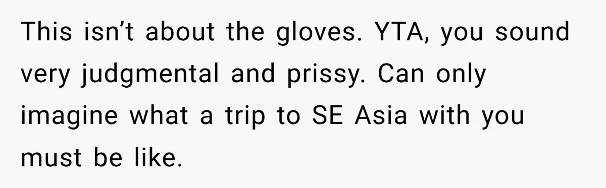 This isn’t about the gloves. YTA, you sound very judgmental and prissy. Can only imagine what a trip to SE Asia with you must be like.