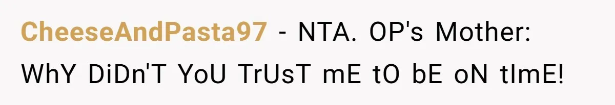 CheeseAndPasta97 − NTA. OP's Mother: WhY DiDn'T YoU TrUsT mE tO bE oN tImE!