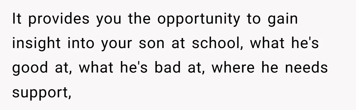 It provides you the opportunity to gain insight into your son at school, what he's good at, what he's bad at, where he needs support,