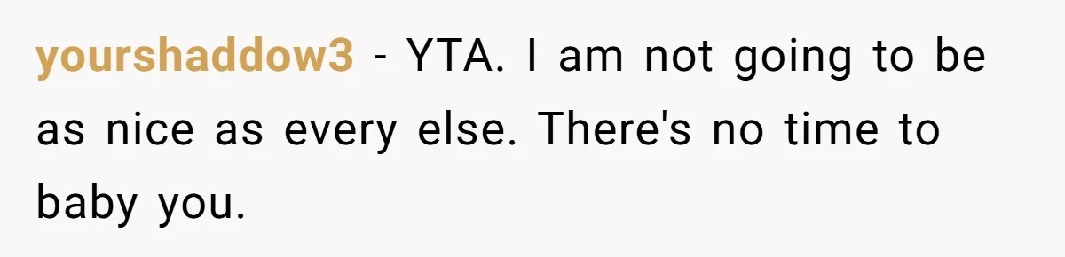 yourshaddow3 − YTA. I am not going to be as nice as every else. There's no time to baby you.