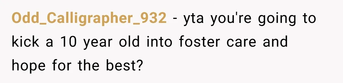 Odd_Calligrapher_932 − yta you're going to kick a 10 year old into foster care and hope for the best?