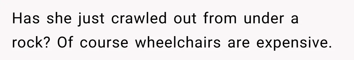Has she just crawled out from under a rock? Of course wheelchairs are expensive.