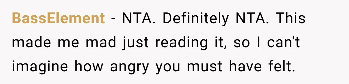 BassElement − NTA. Definitely NTA. This made me mad just reading it, so I can't imagine how angry you must have felt.