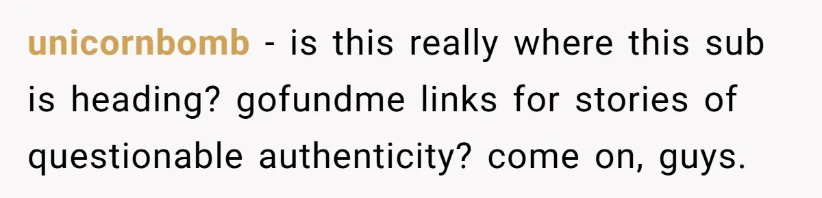 unicornbomb − is this really where this sub is heading? gofundme links for stories of questionable authenticity? come on, guys.