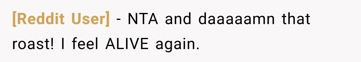 [Reddit User] − NTA and daaaaamn that roast! I feel ALIVE again.