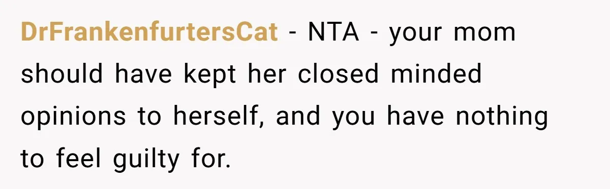 DrFrankenfurtersCat − NTA - your mom should have kept her closed minded opinions to herself, and you have nothing to feel guilty for.
