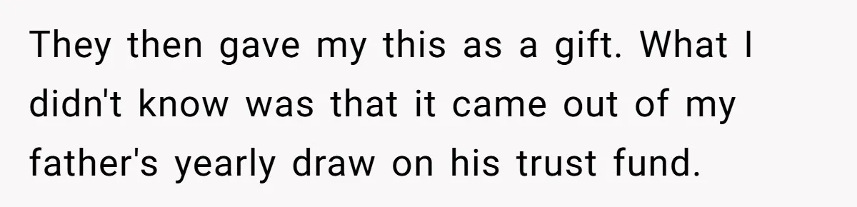 They then gave my this as a gift. What I didn't know was that it came out of my father's yearly draw on his trust fund.