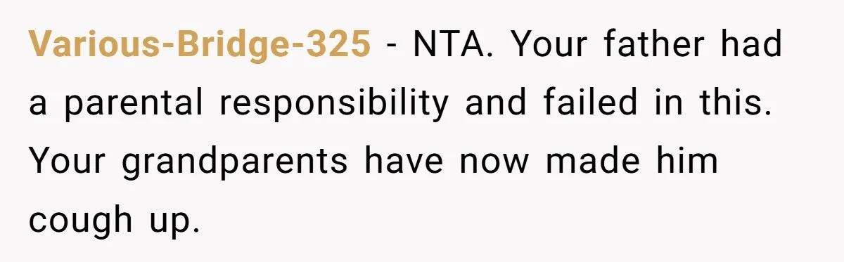Various-Bridge-325 − NTA. Your father had a parental responsibility and failed in this. Your grandparents have now made him cough up.