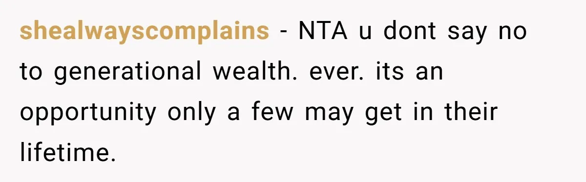 shealwayscomplains − NTA u dont say no to generational wealth. ever. its an opportunity only a few may get in their lifetime.