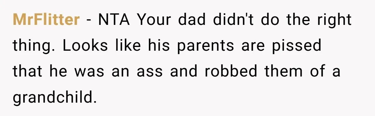 MrFlitter − NTA Your dad didn't do the right thing. Looks like his parents are pissed that he was an ass and robbed them of a grandchild.