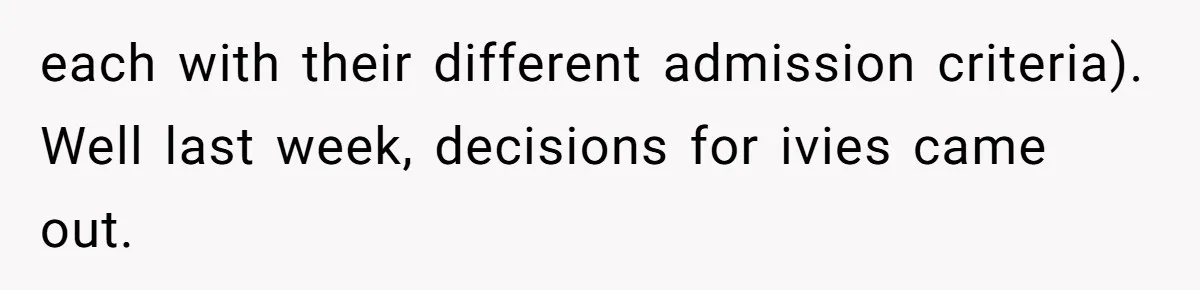 each with their different admission criteria). Well last week, decisions for ivies came out.