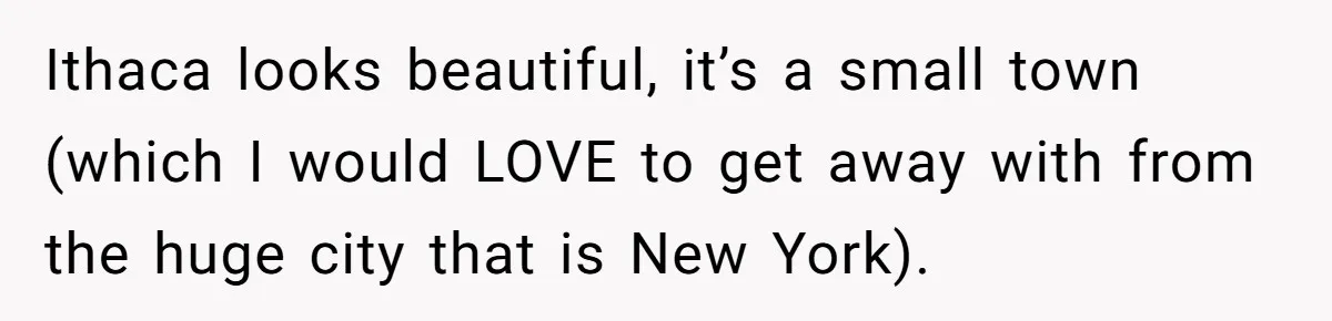 Ithaca looks beautiful, it’s a small town (which I would LOVE to get away with from the huge city that is New York).
