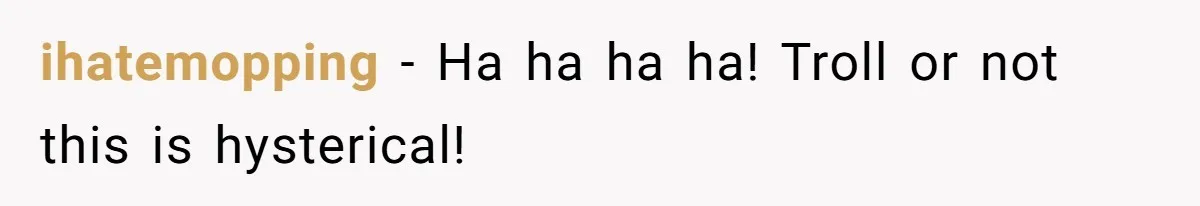 ihatemopping − Ha ha ha ha! Troll or not this is hysterical!