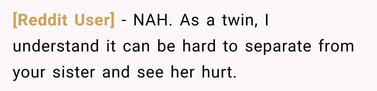 [Reddit User] − NAH. As a twin, I understand it can be hard to separate from your sister and see her hurt.