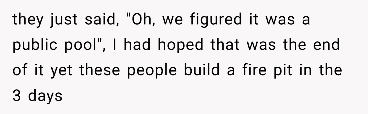 they just said, "Oh, we figured it was a public pool", I had hoped that was the end of it yet these people build a fire pit in the 3...