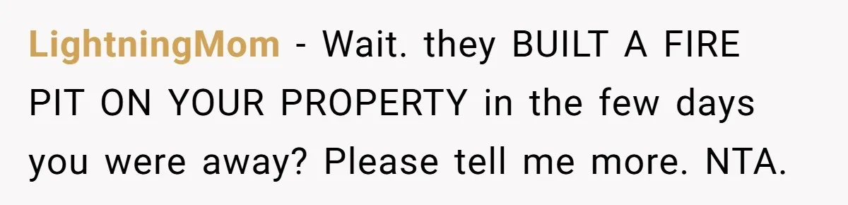 LightningMom − Wait. they BUILT A FIRE PIT ON YOUR PROPERTY in the few days you were away? Please tell me more. NTA.
