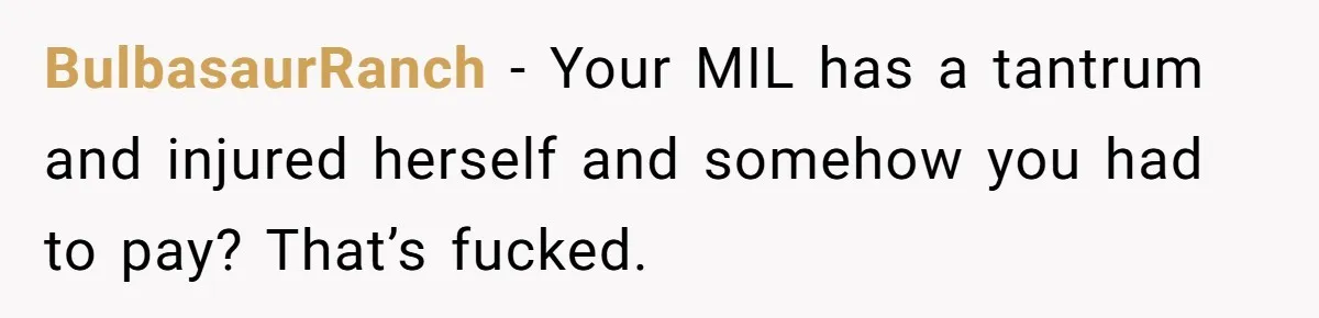 BulbasaurRanch − Your MIL has a tantrum and injured herself and somehow you had to pay? That’s fucked.