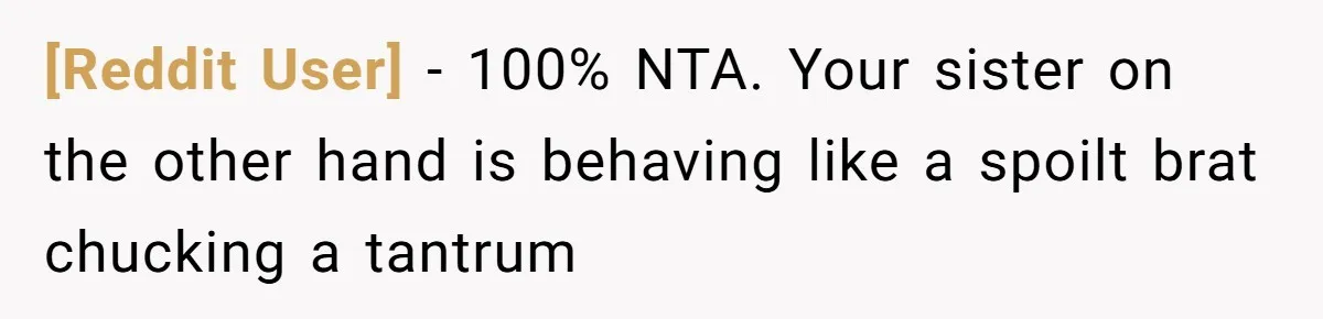 [Reddit User] − 100% NTA. Your sister on the other hand is behaving like a spoilt brat chucking a tantrum