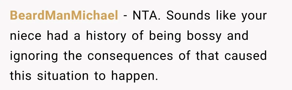 BeardManMichael − NTA. Sounds like your niece had a history of being bossy and ignoring the consequences of that caused this situation to happen.
