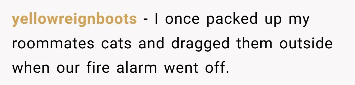 yellowreignboots − I once packed up my roommates cats and dragged them outside when our fire alarm went off.