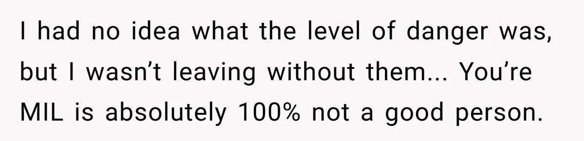 I had no idea what the level of danger was, but I wasn’t leaving without them... You’re MIL is absolutely 100% not a good person.