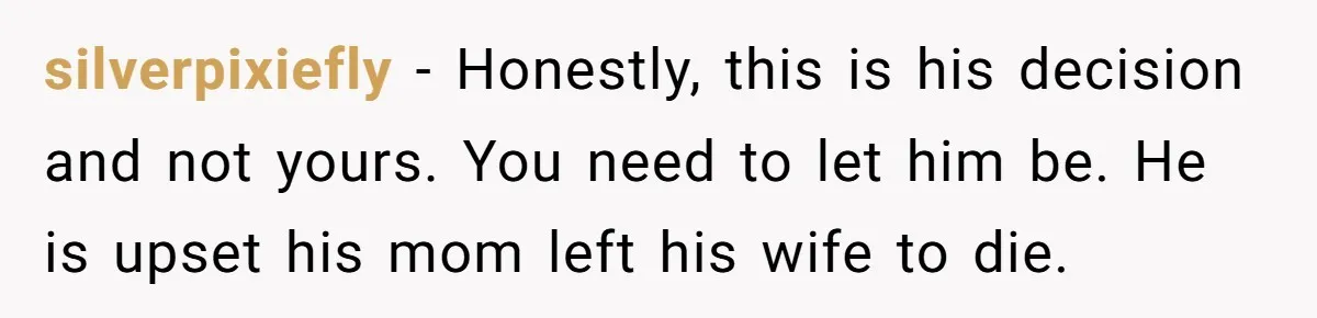 silverpixiefly − Honestly, this is his decision and not yours. You need to let him be. He is upset his mom left his wife to die.