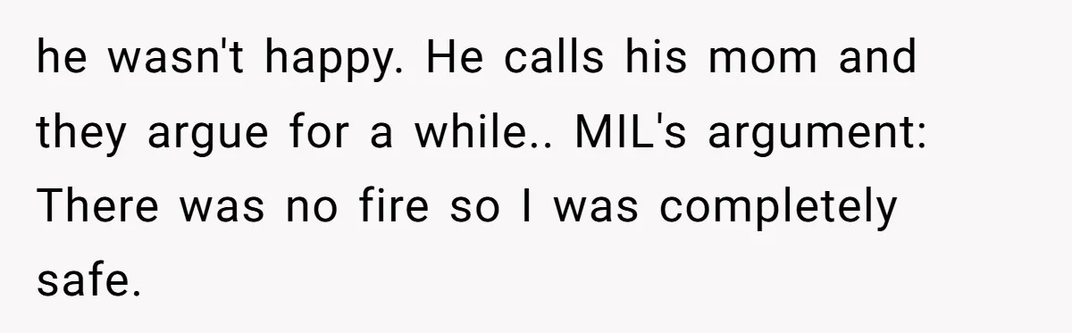 he wasn't happy. He calls his mom and they argue for a while.. MIL's argument: There was no fire so I was completely safe.