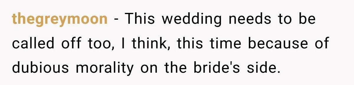 thegreymoon − This wedding needs to be called off too, I think, this time because of dubious morality on the bride's side.