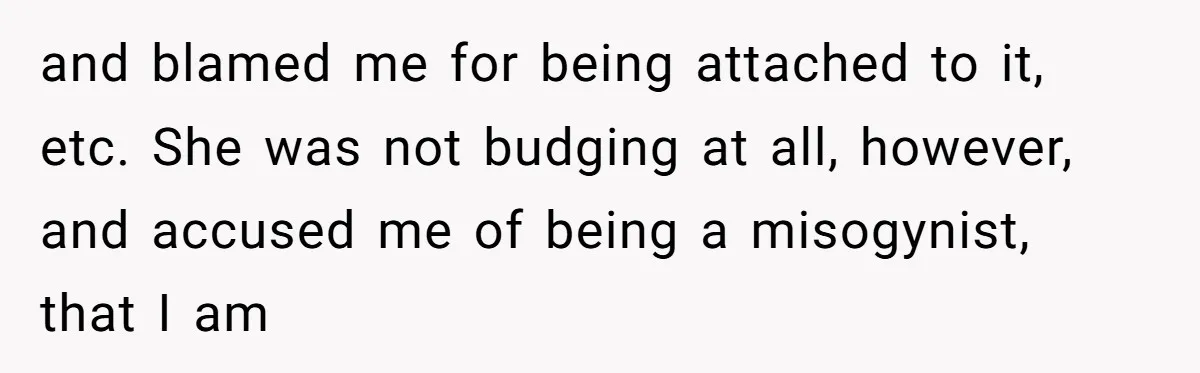 and blamed me for being attached to it, etc. She was not budging at all, however, and accused me of being a misogynist, that I am