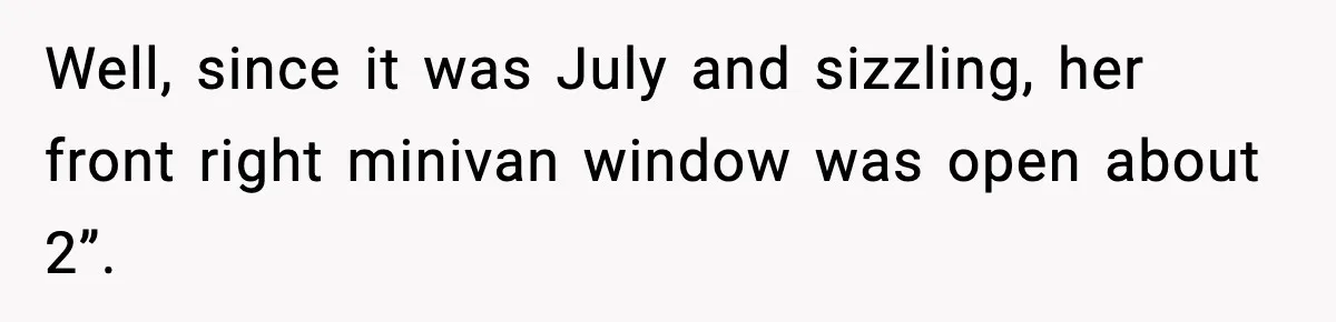 How I Took Revenge on My Husband and Best Friend After They Betrayed Me? Well, since it was July and sizzling, her front right minivan window was open about 2”.