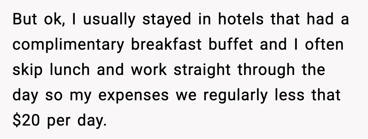 But ok, I usually stayed in hotels that had a complimentary breakfast buffet and I often skip lunch and work straight through the day so my expenses we regularly less...
