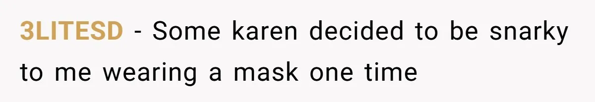 3LITESD − Some karen decided to be snarky to me wearing a mask one time