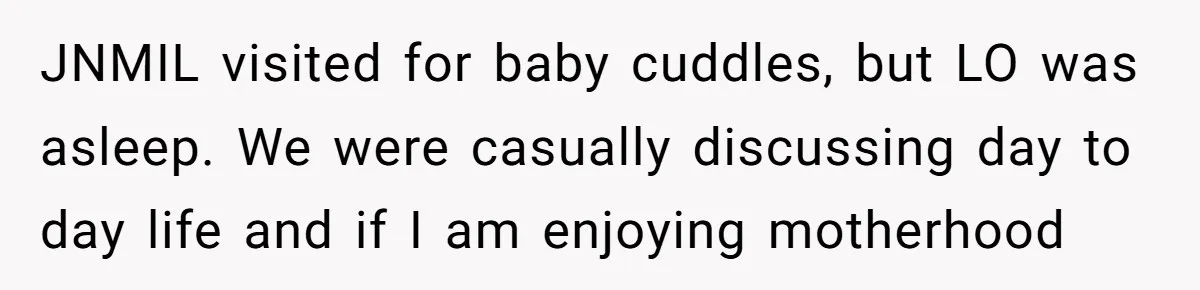 JNMIL visited for baby cuddles, but LO was asleep. We were casually discussing day to day life and if I am enjoying motherhood