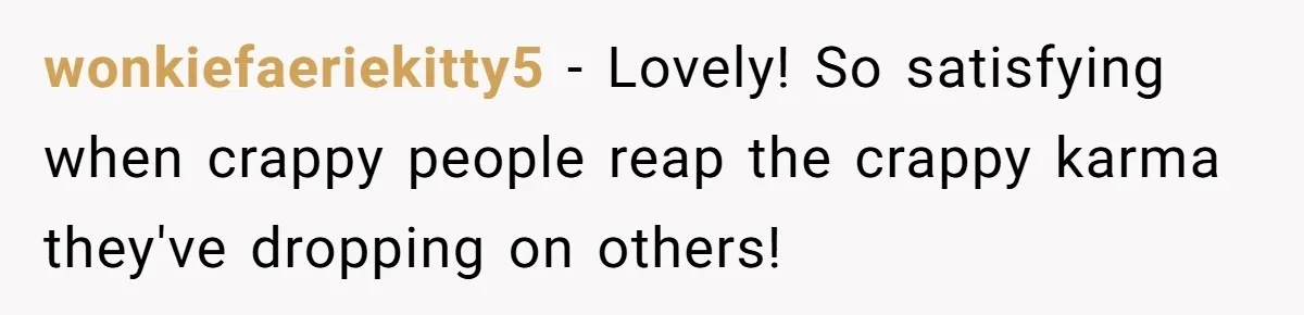 wonkiefaeriekitty5 − Lovely! So satisfying when crappy people reap the crappy karma they've dropping on others!