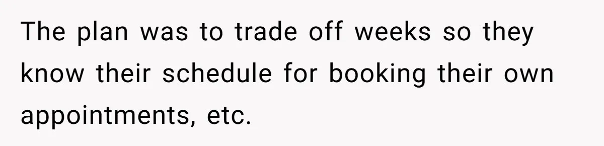 The plan was to trade off weeks so they know their schedule for booking their own appointments, etc.