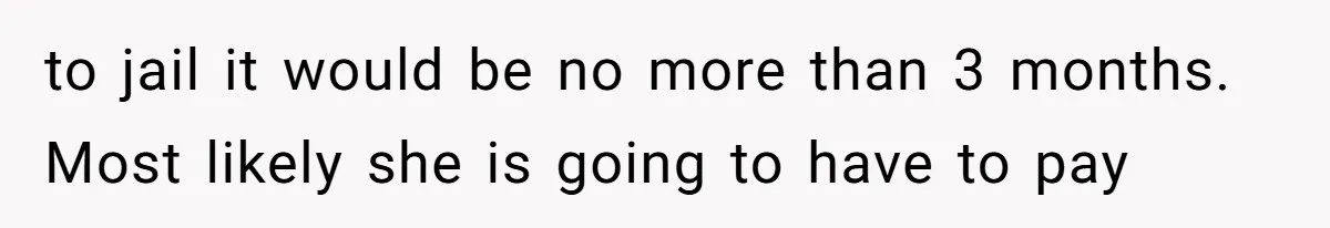 to jail it would be no more than 3 months. Most likely she is going to have to pay