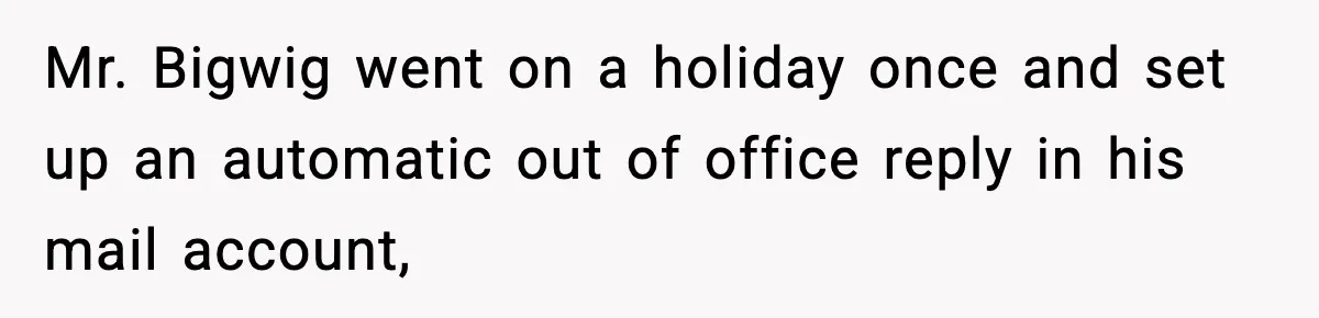 Mr. Bigwig went on a holiday once and set up an automatic out of office reply in his mail account,