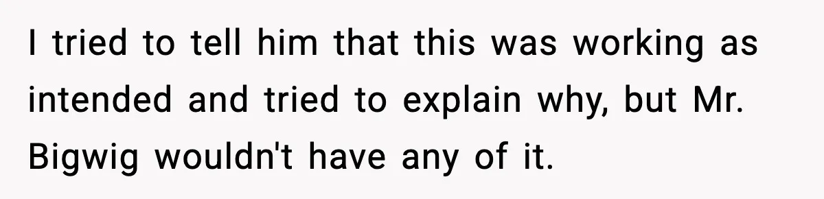 I tried to tell him that this was working as intended and tried to explain why, but Mr. Bigwig wouldn't have any of it.