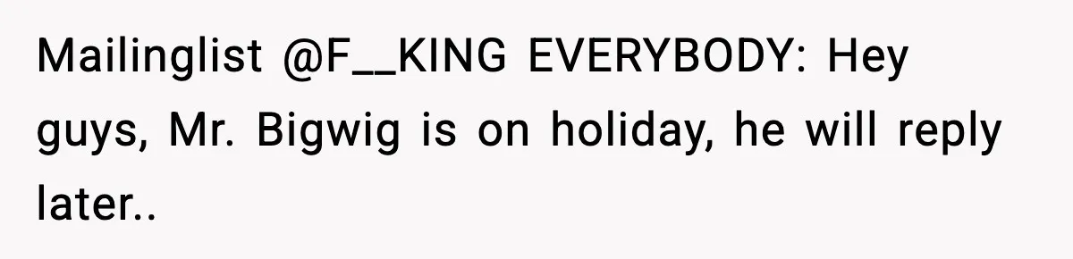 Mailinglist @F__KING EVERYBODY: Hey guys, Mr. Bigwig is on holiday, he will reply later..