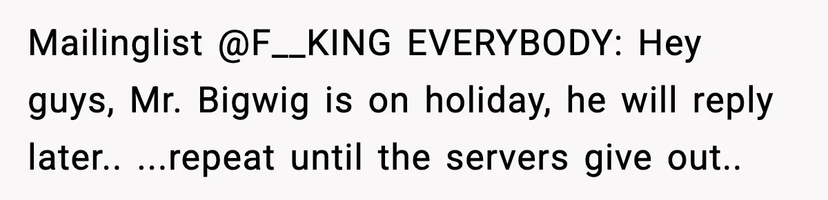 Mailinglist @F__KING EVERYBODY: Hey guys, Mr. Bigwig is on holiday, he will reply later.. ...repeat until the servers give out.. ​