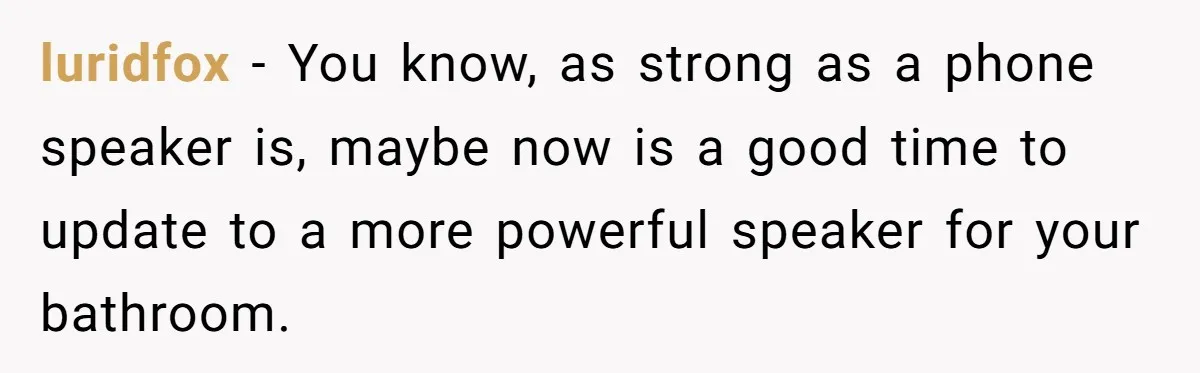 luridfox − You know, as strong as a phone speaker is, maybe now is a good time to update to a more powerful speaker for your bathroom.