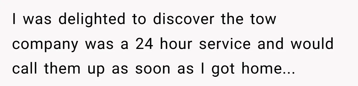 I was delighted to discover the tow company was a 24 hour service and would call them up as soon as I got home...