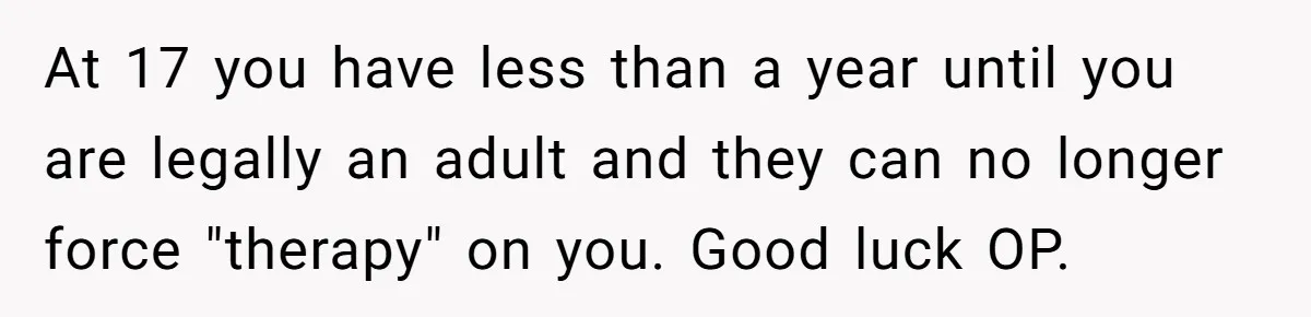 At 17 you have less than a year until you are legally an adult and they can no longer force "therapy" on you. Good luck OP.