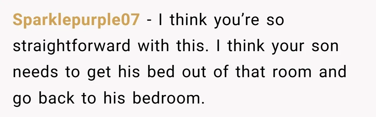 Sparklepurple07 − I think you’re so straightforward with this. I think your son needs to get his bed out of that room and go back to his bedroom.