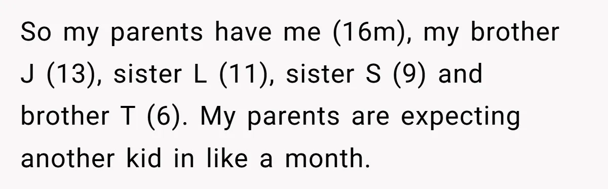 So my parents have me (16m), my brother J (13), sister L (11), sister S (9) and brother T (6). My parents are expecting another kid in like a month.